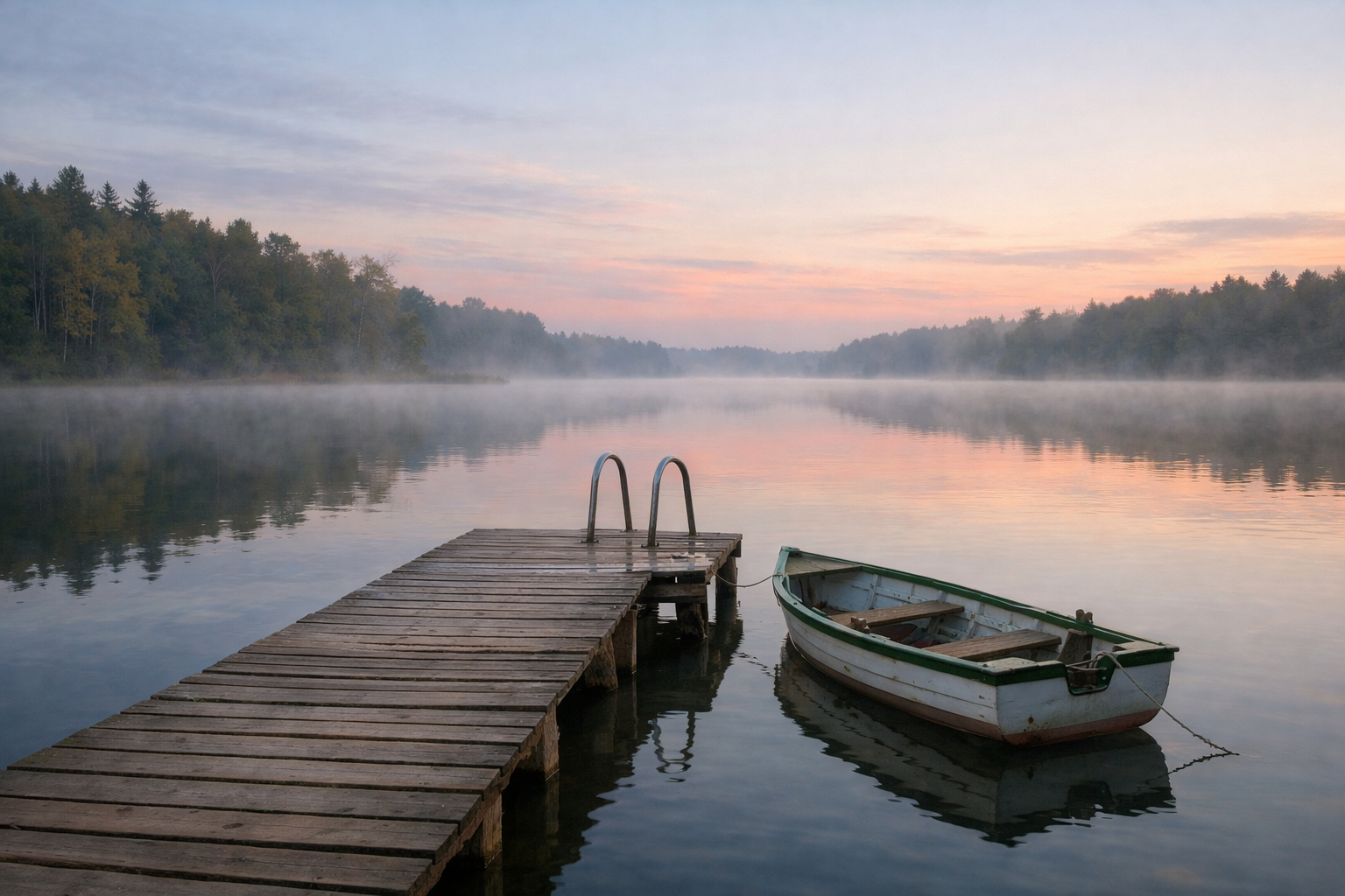 Pensjonat z małym pomostem nad jeziorem